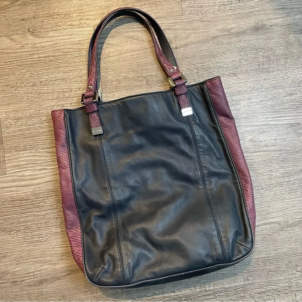 JUICY COUTURE Navy & Purple Lambskin Leather Snake Skin Tote Bag